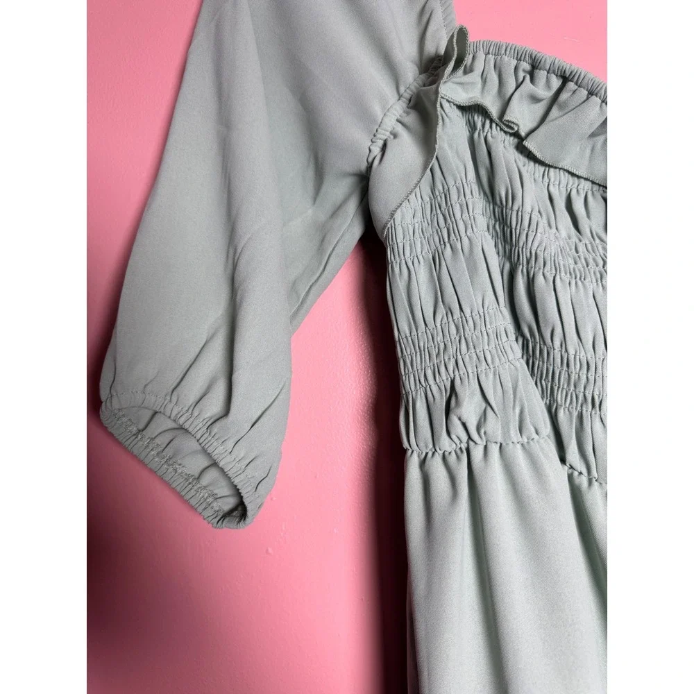 Sage Green Smocked Midi Dress Ruffle Square Neck Cottagecore 3/4 Sleeve M
